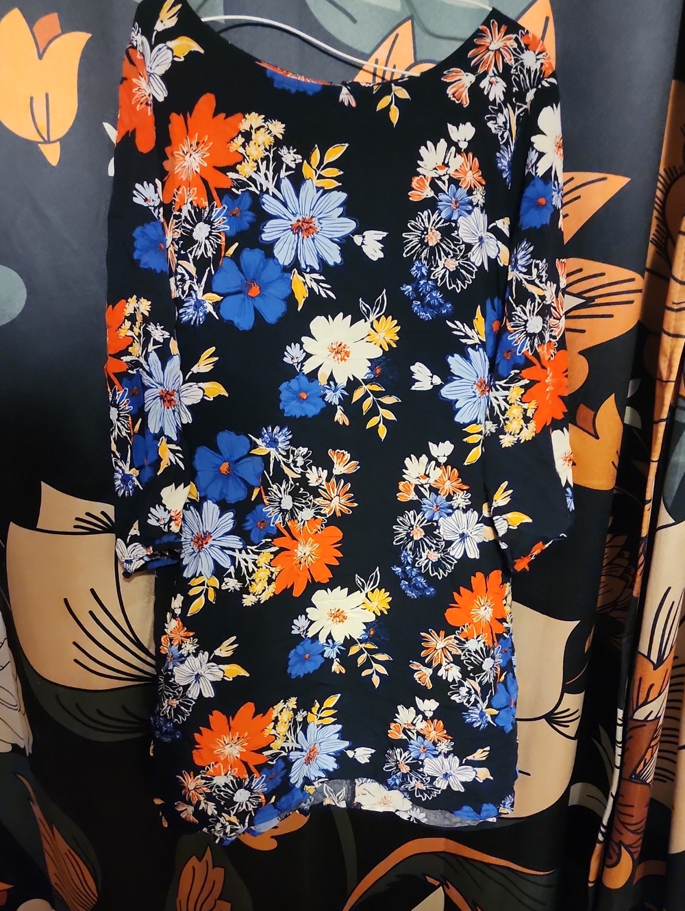 Old Navy Black Floral Shift Dress with Blue, Orange & Cream Flowers